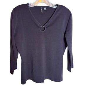 Venini Ribbed Knit Top‎ Womens Large Black O-Ring V-Neck 3/4 Sleeve Sweater